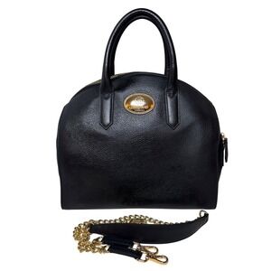 Roberto Cavalli Firenze Black Pebbled Leather Dome Satchel Bag Leopard Lining